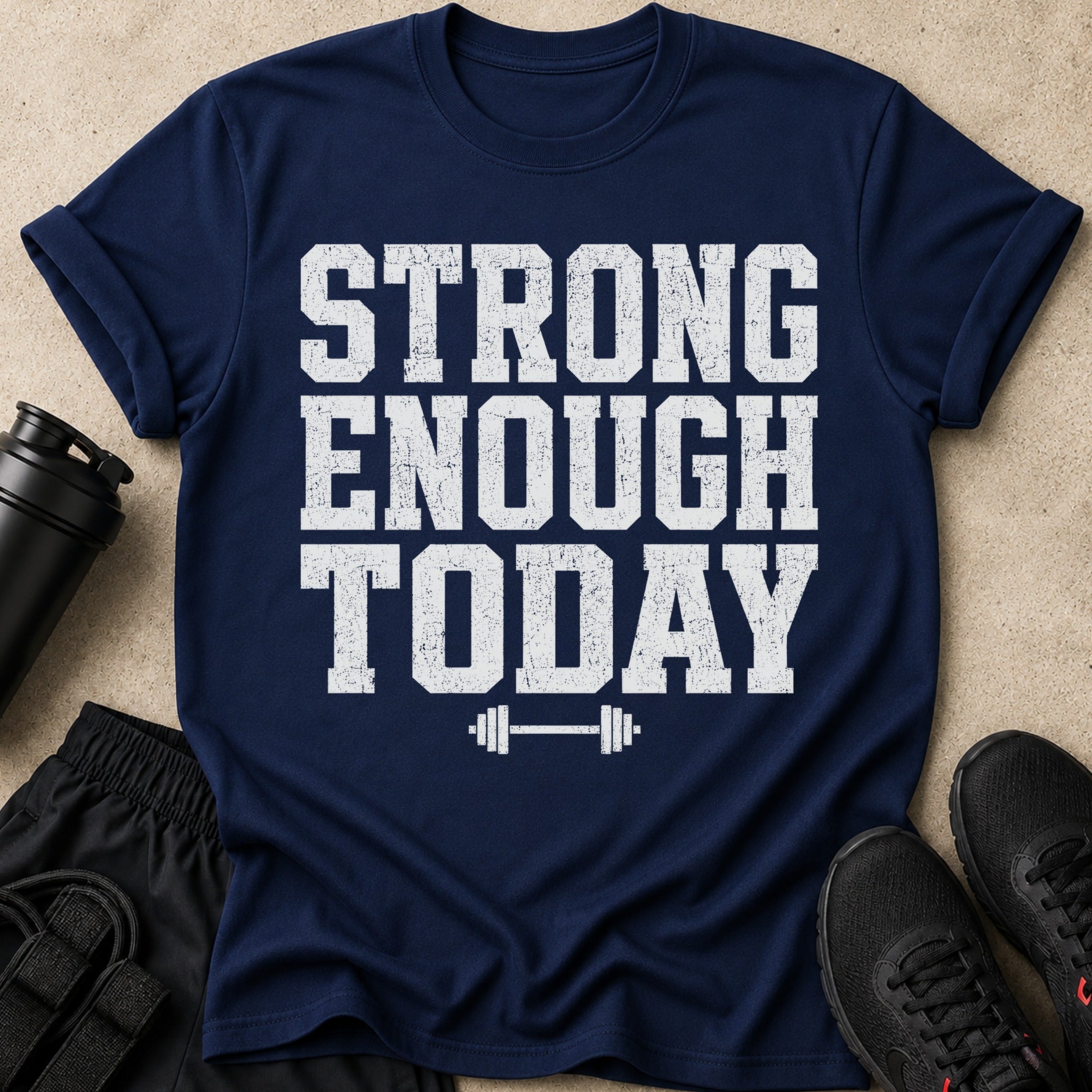 Navy t-shirt with distressed white text "STRONG ENOUGH TODAY" and barbell graphic.