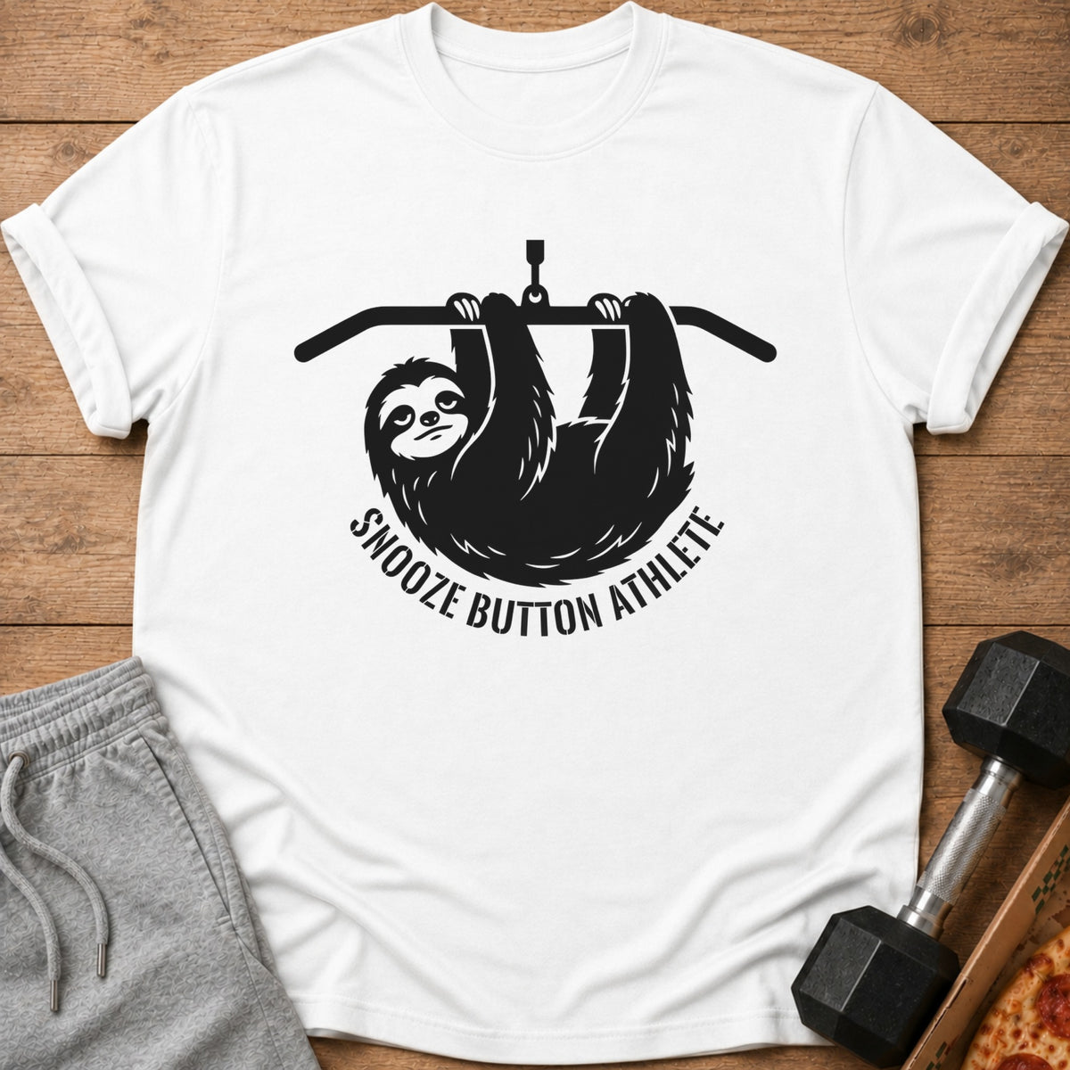 White t-shirt with black graphic of sloth hanging from bar, text "Snooze Button Athlete"