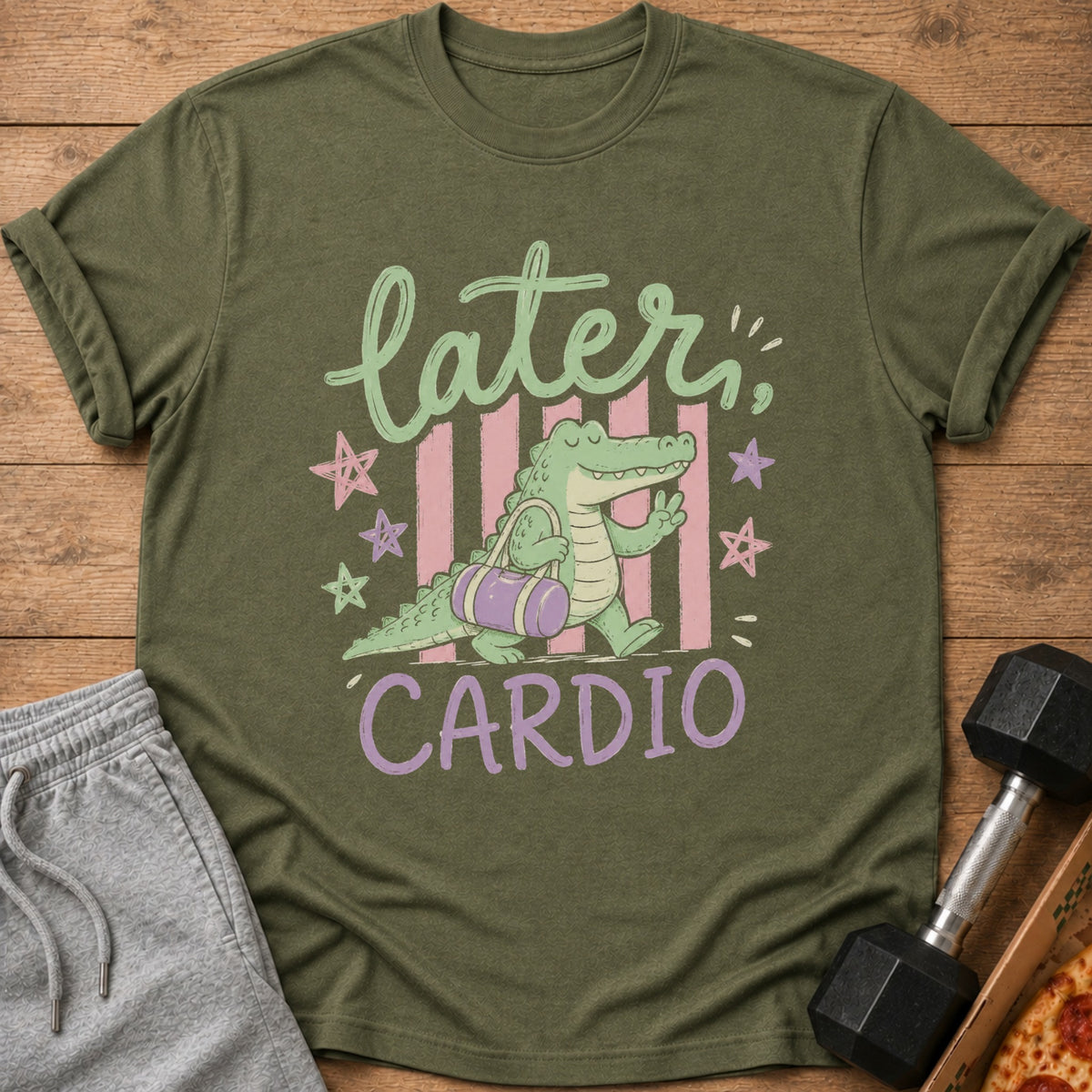 Green t-shirt with cartoon alligator holding gym bag, text "later, CARDIO".