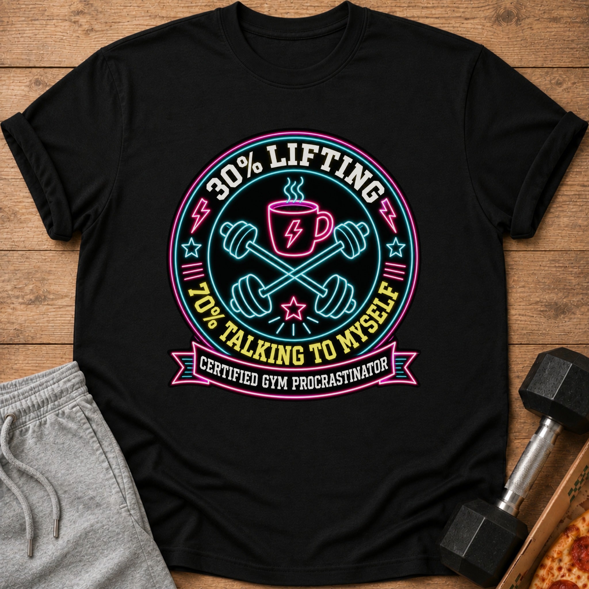 Black t-shirt with "30% Lifting 70% Talking to Myself Certified Gym Procrastinator" neon graphic.