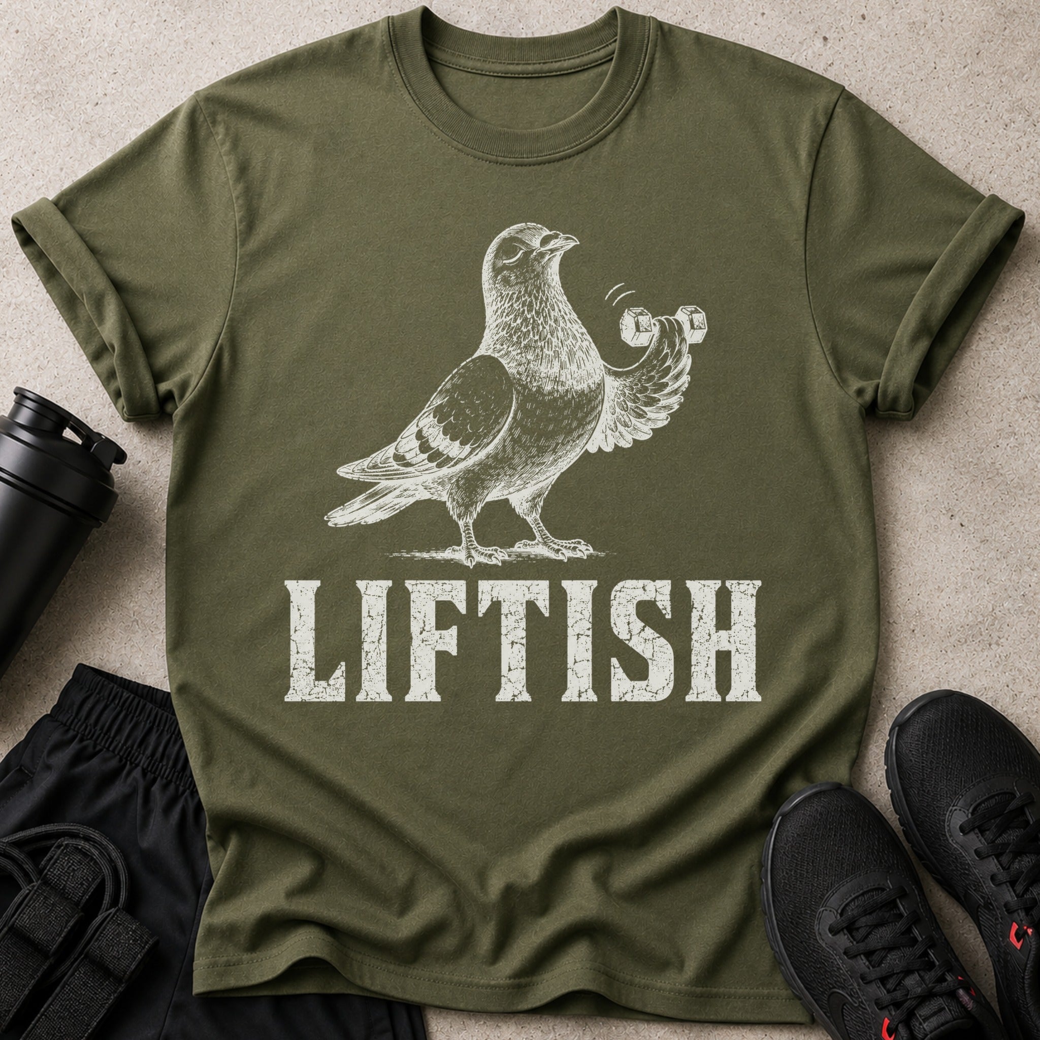 Olive green t-shirt with a pigeon lifting weights, text reads LIFTISH.