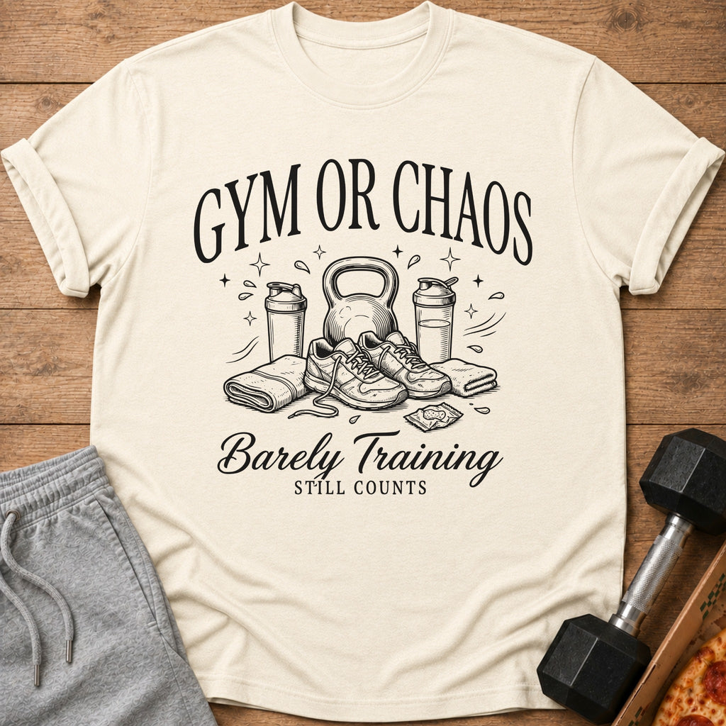 Cream t-shirt with "Gym or Chaos Barely Training Still Counts" graphic.