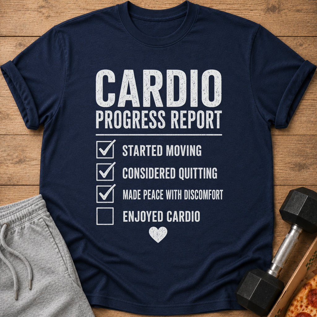 Navy t-shirt with "CARDIO PROGRESS REPORT" and a checklist with checked boxes.