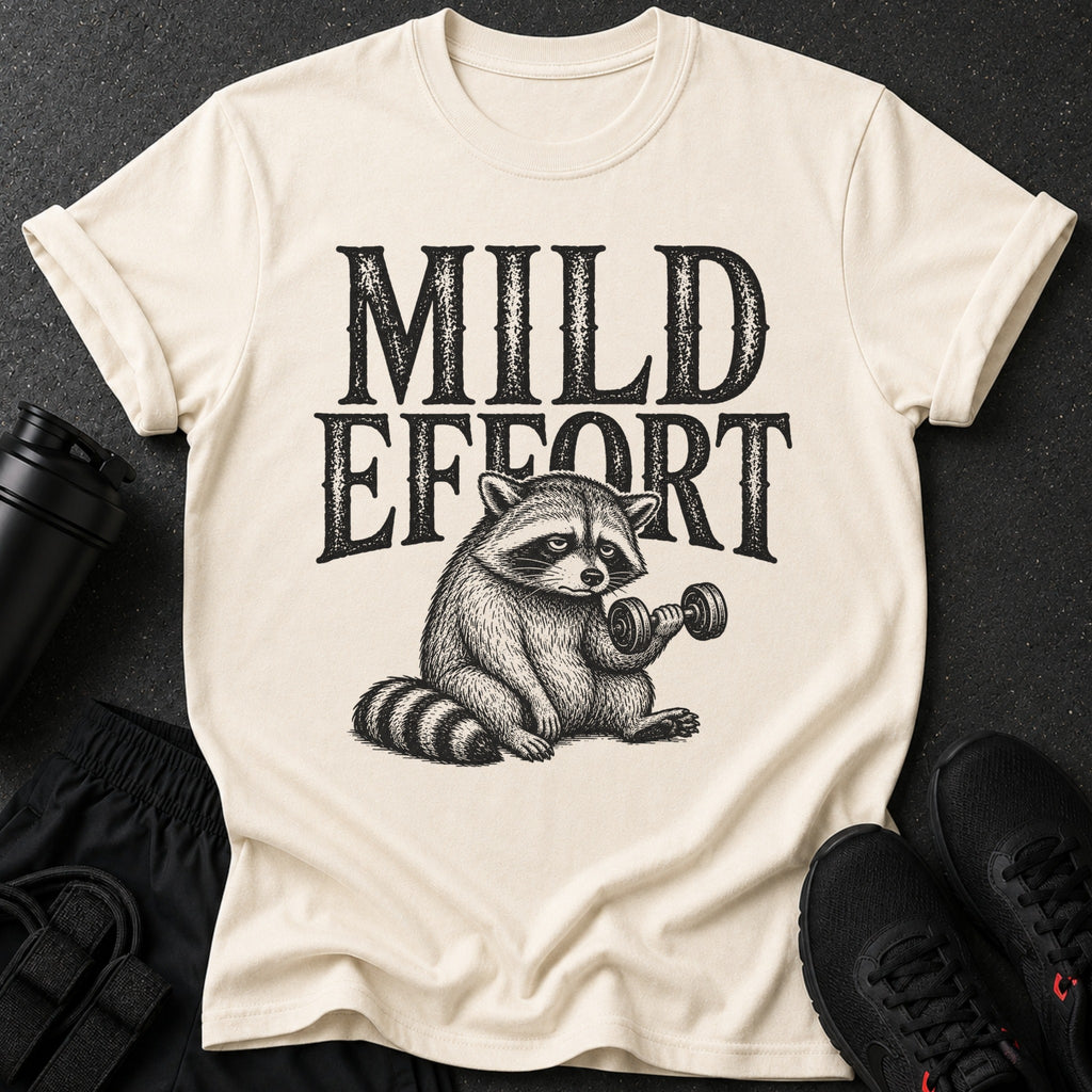 Cream t-shirt with black text "MILD EFFORT" and a raccoon lifting a dumbbell.