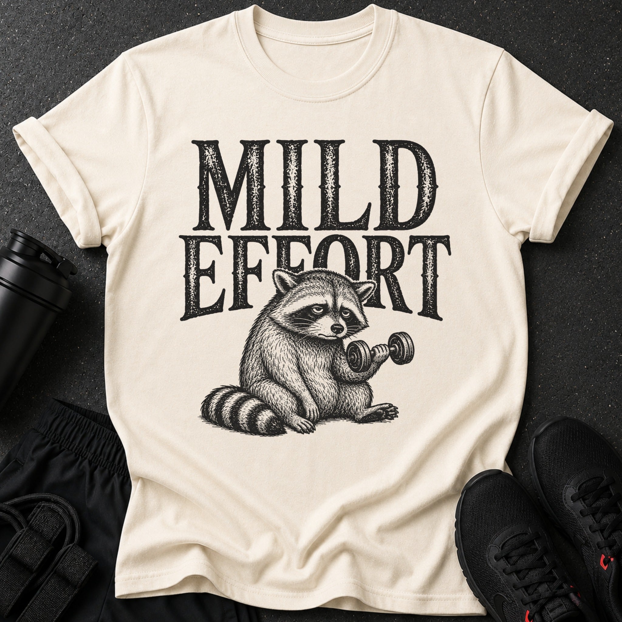 Cream t-shirt with black text "MILD EFFORT" and a raccoon lifting a dumbbell.