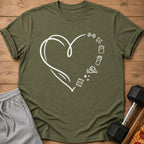 Olive green t-shirt with white heart graphic featuring dumbbells, kettlebell, shaker, and shoes.