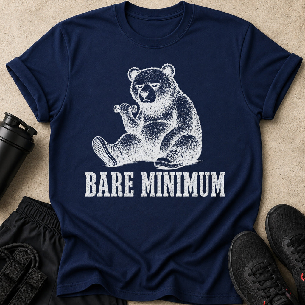 Navy t-shirt with a distressed graphic of a bear lifting weights and text "BARE MINIMUM".