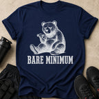 Navy t-shirt with a distressed graphic of a bear lifting weights and text "BARE MINIMUM".