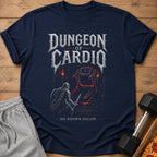 Navy t-shirt with "Dungeon of Cardio" text, knight and treadmill graphic, "No Known Escape."