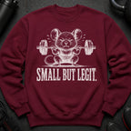 Maroon sweatshirt with a distressed graphic of a mouse lifting a barbell, text reads "SMALL BUT LEGIT."