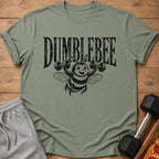 "DUMBLEBEE" text over a cartoon bee lifting dumbbells on a green t-shirt.