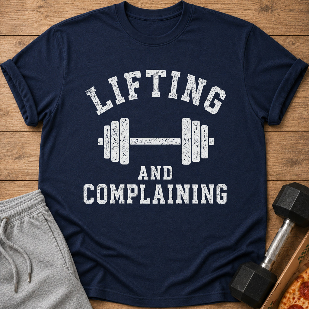 Navy t-shirt with white text "LIFTING AND COMPLAINING" and a barbell graphic.