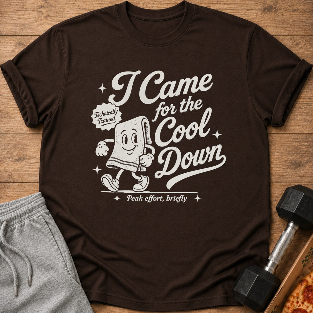 Brown t-shirt with text "I Came for the Cool Down" and cartoon towel graphic.