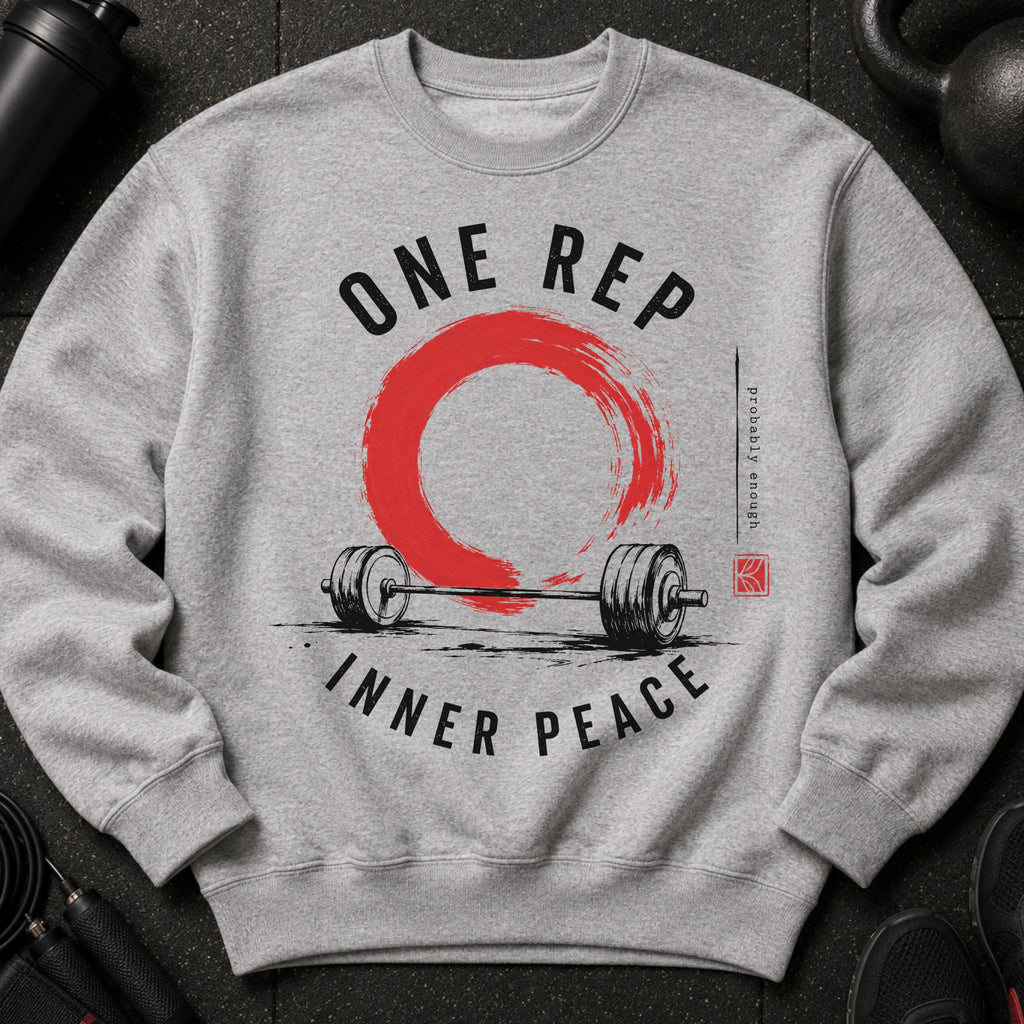 Grey sweatshirt with "ONE REP INNER PEACE" text and barbell graphic.