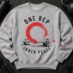 Grey sweatshirt with "ONE REP INNER PEACE" text and barbell graphic.