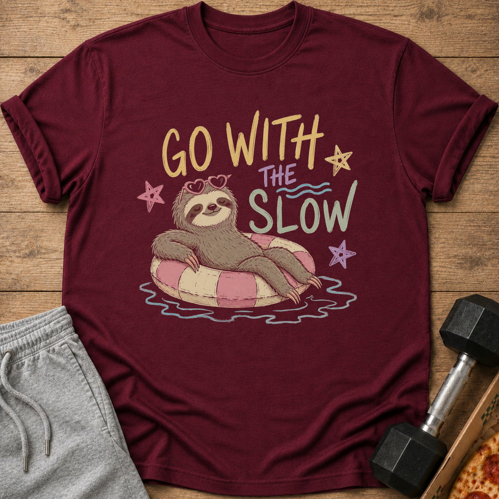 Maroon t-shirt with sloth on inner tube and text "GO WITH THE SLOW".