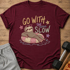 Maroon t-shirt with sloth on inner tube and text "GO WITH THE SLOW".