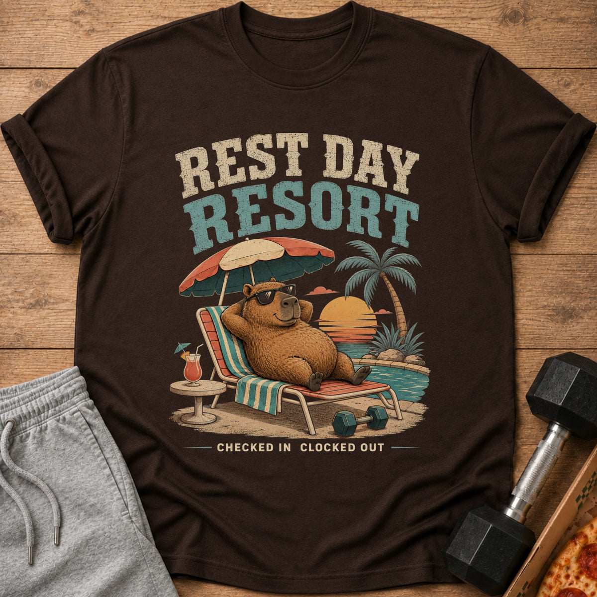 Brown t-shirt with "Rest Day Resort" and a capybara on a beach chair.