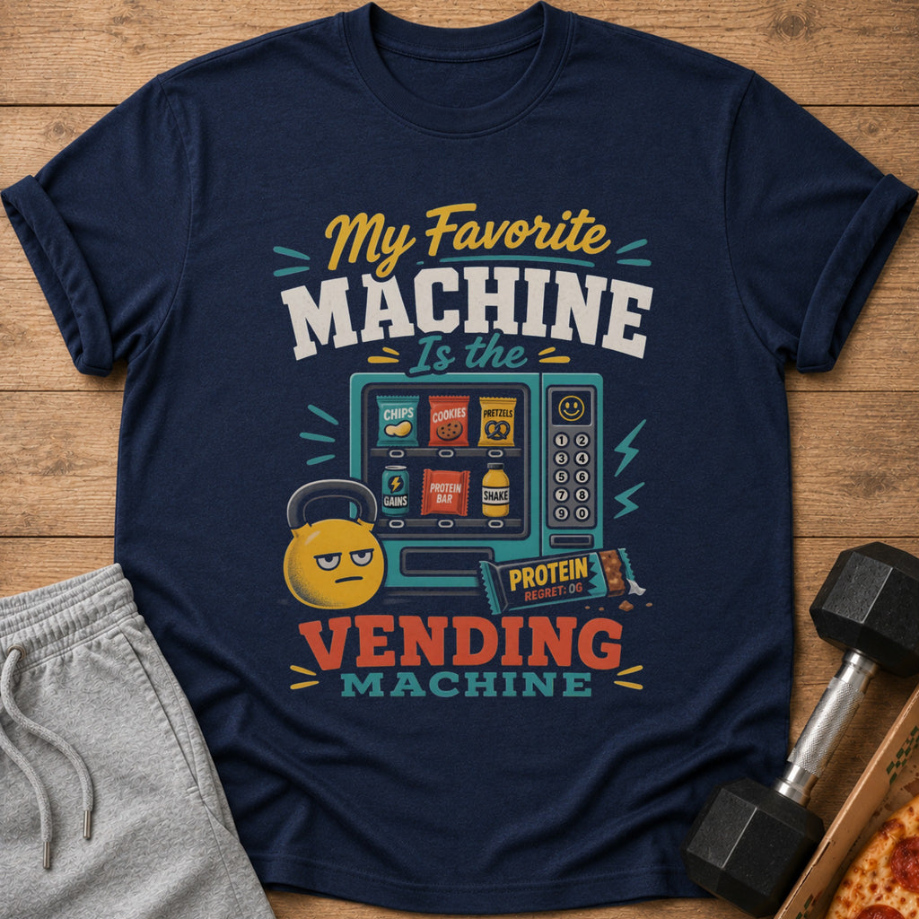 Navy t-shirt with "My Favorite Machine is the Vending Machine" graphic.