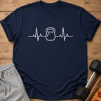 Navy t-shirt with white kettlebell and heartbeat graphic.