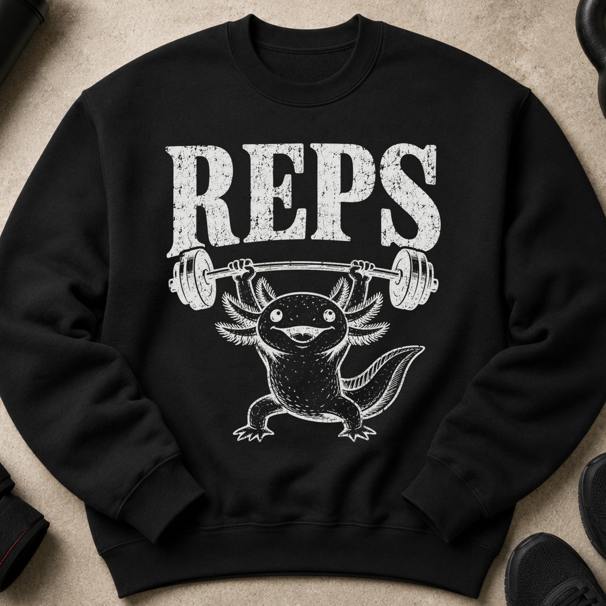 Black sweatshirt with "REPS" and an axolotl lifting a barbell.