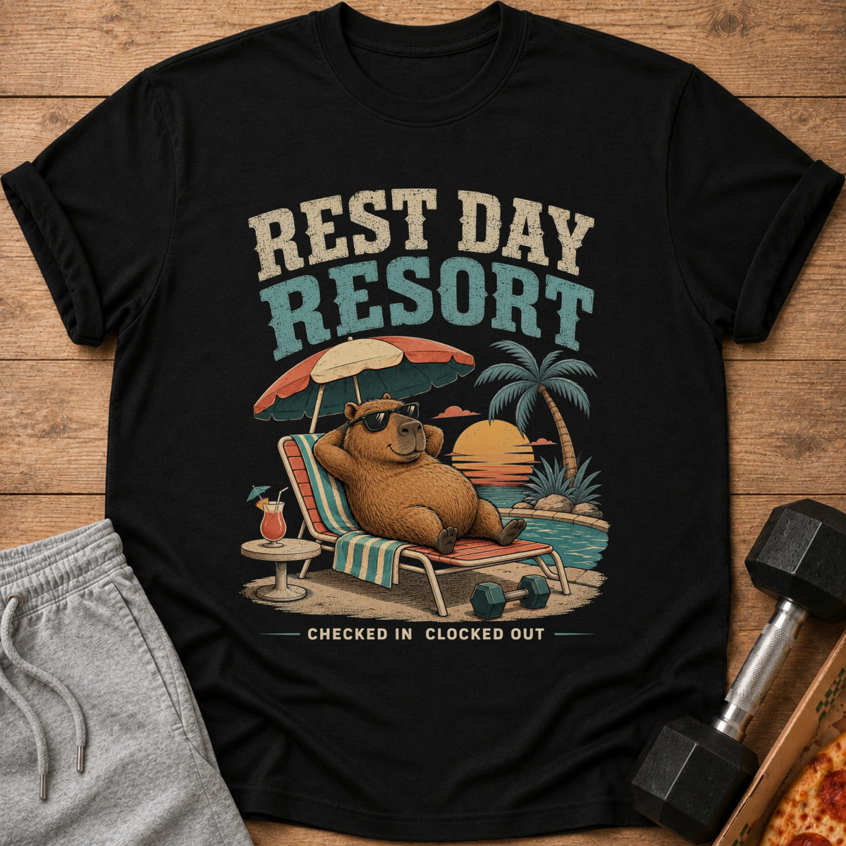 Black t-shirt with a capybara relaxing by a pool, text reads "Rest Day Resort Checked In Clocked Out".