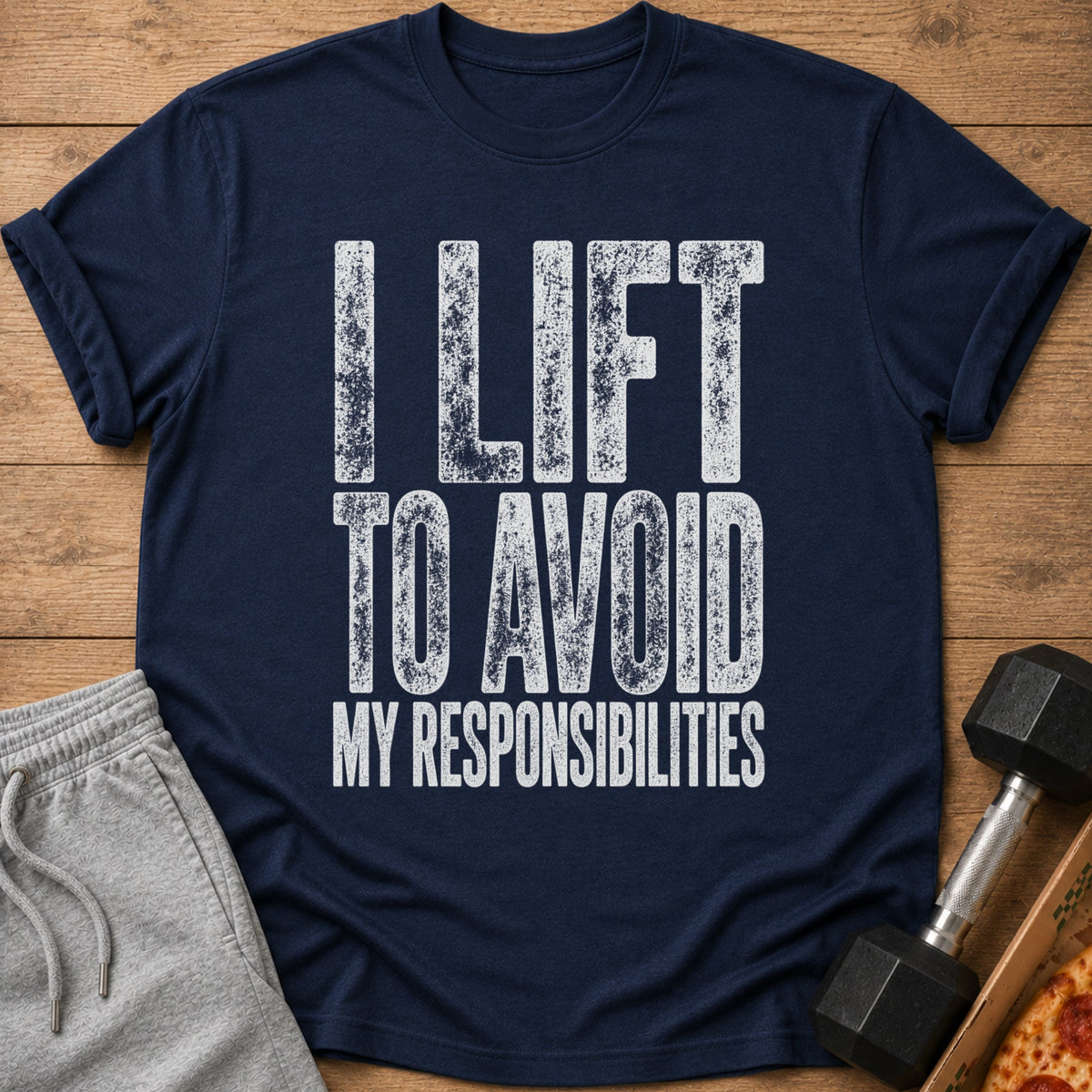 Navy t-shirt with distressed white text reading "I LIFT TO AVOID MY RESPONSIBILITIES".