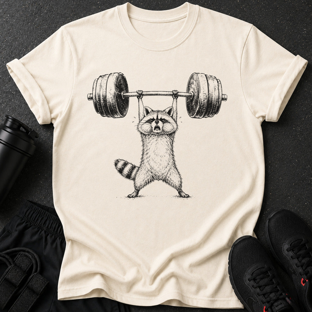 Cream t-shirt with a drawing of a raccoon lifting a barbell, surrounded by gym equipment.