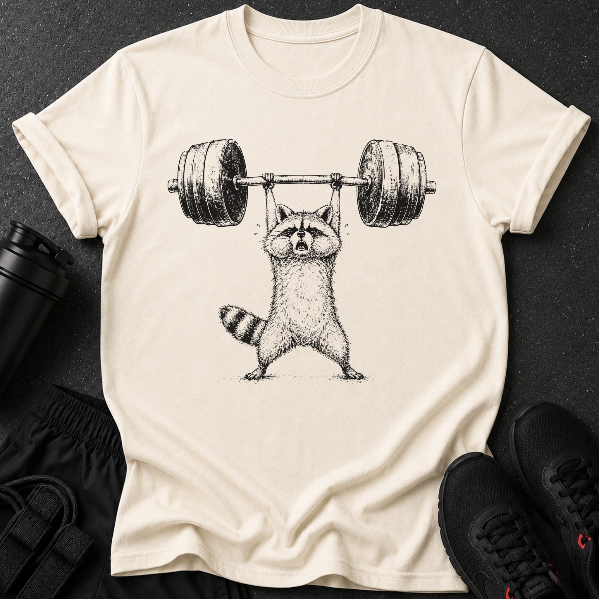 Cream t-shirt with a drawing of a raccoon lifting a barbell, surrounded by gym equipment.