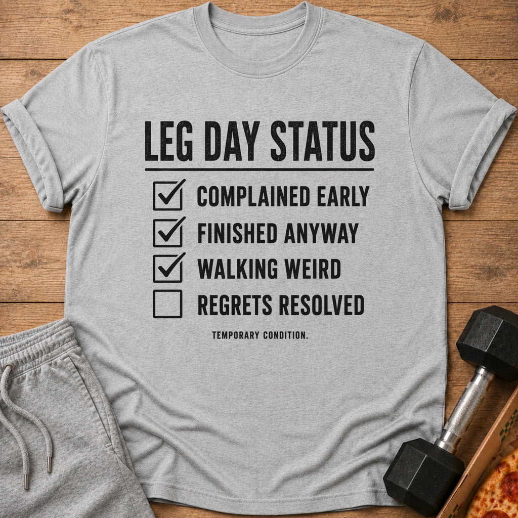 Grey t-shirt with "LEG DAY STATUS" and a checklist of exercise outcomes.