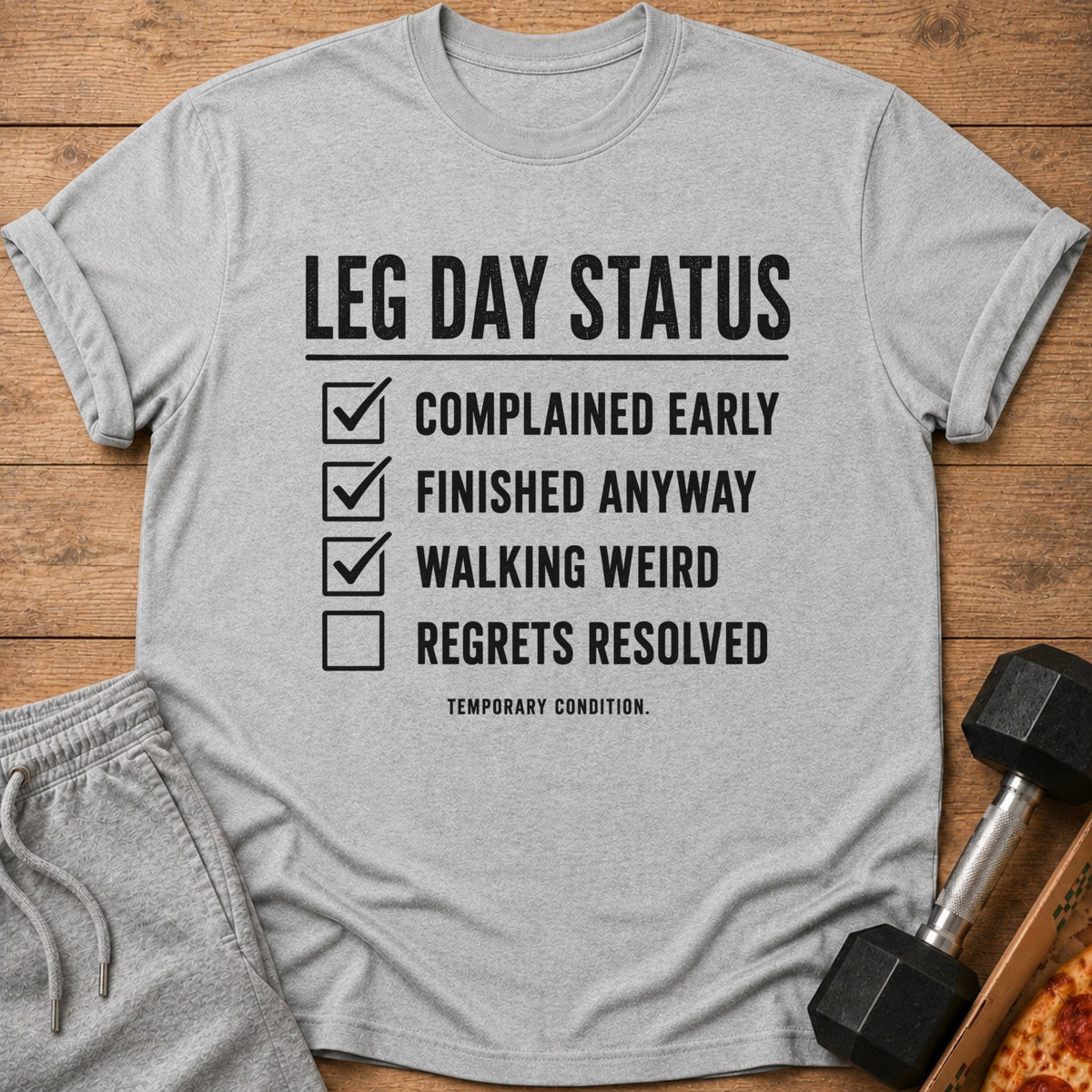 Grey t-shirt with "LEG DAY STATUS" and a checklist of exercise outcomes.
