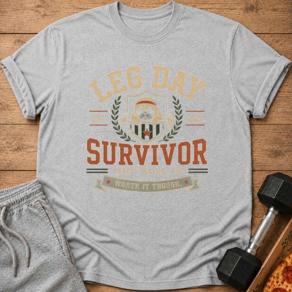 Grey t-shirt with "Leg Day Survivor" text and a pug lifting weights graphic.