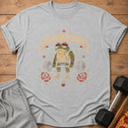 Frog lifting weights with "HEAVY FEELINGS" text and roses.
