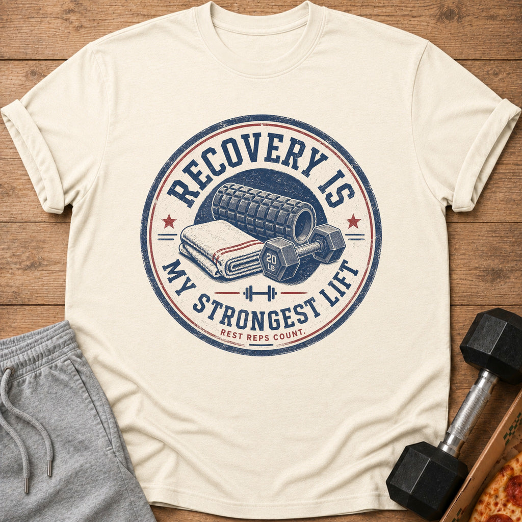 Cream t-shirt with "Recovery is My Strongest Lift" graphic and gym accessories.
