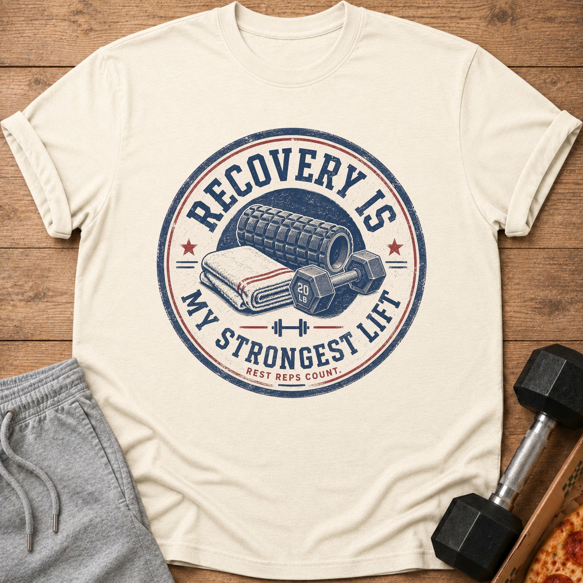 Cream t-shirt with "Recovery is My Strongest Lift" graphic and gym accessories.