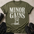 Olive green t-shirt with white text "MINOR GAINS" and a drawing of a mouse lifting weights.