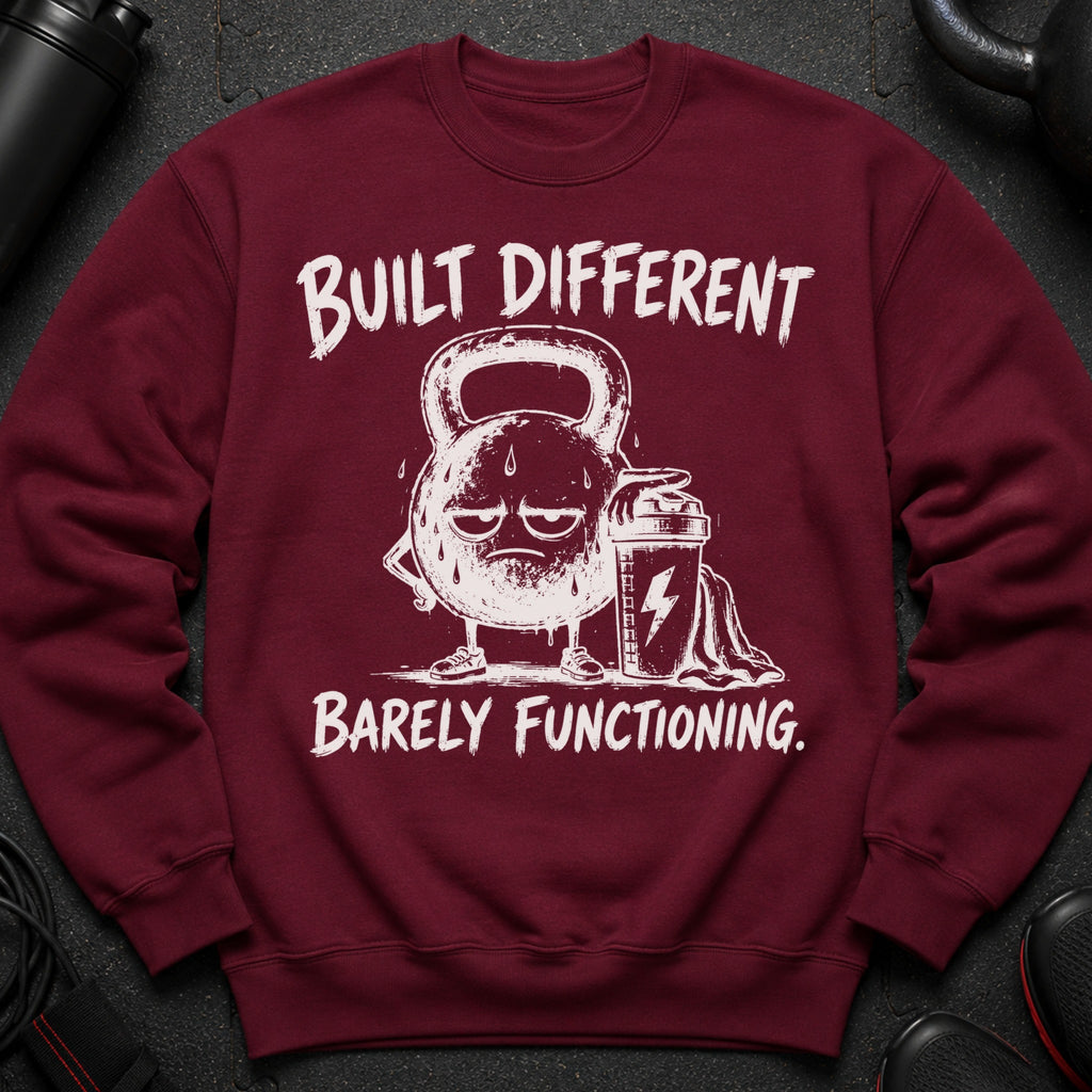 Maroon sweatshirt with graphic of a sweaty, sad kettlebell and the text "Built Different Barely Functioning."