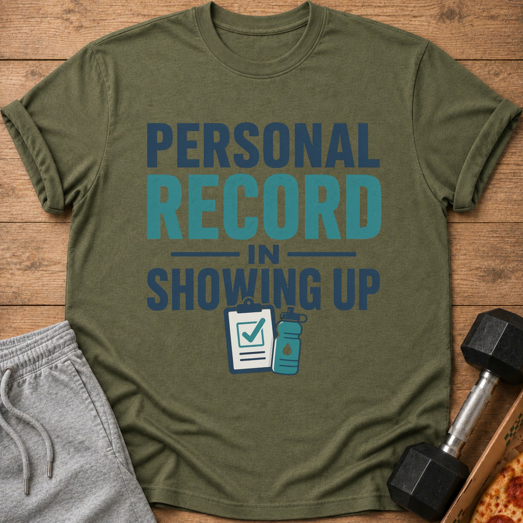 Green t-shirt with "PERSONAL RECORD IN SHOWING UP" text and gym icons.