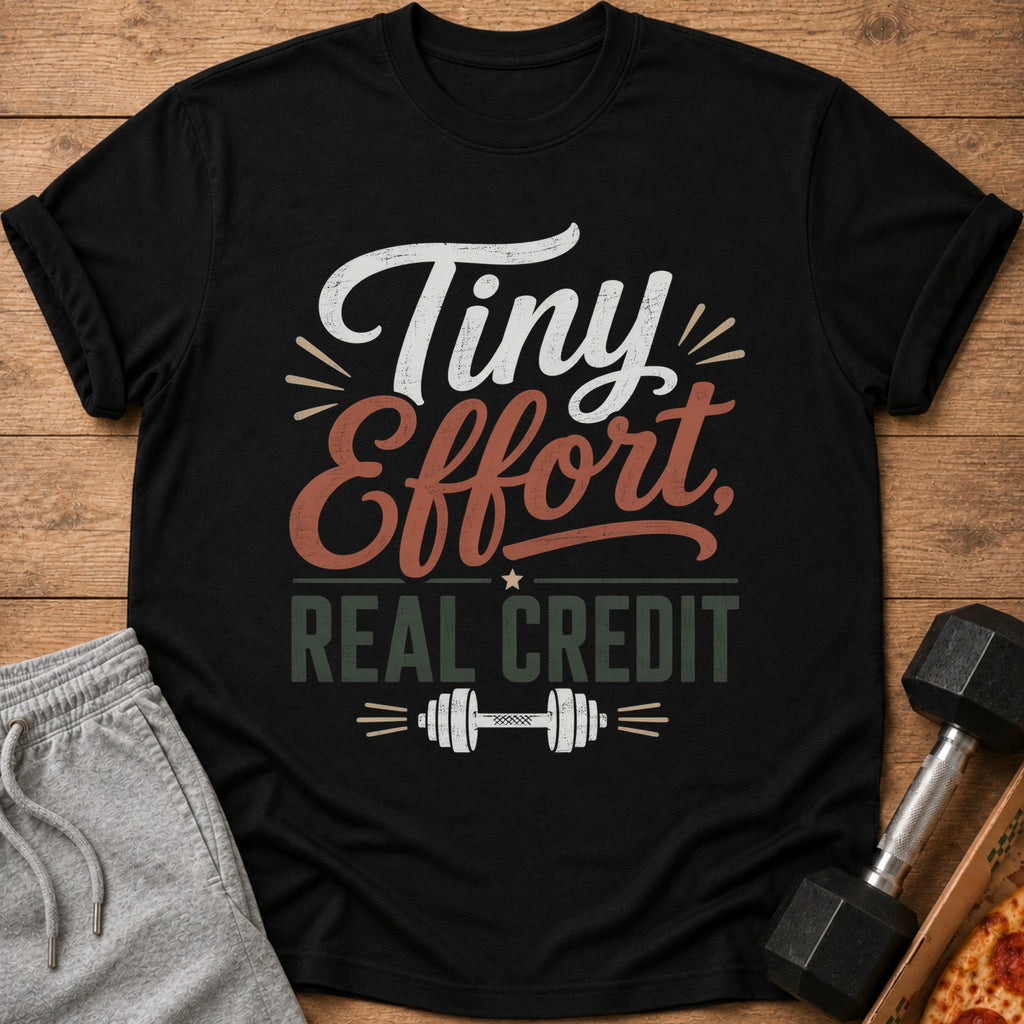 Black t-shirt with "Tiny Effort, Real Credit" text and dumbbell graphic.