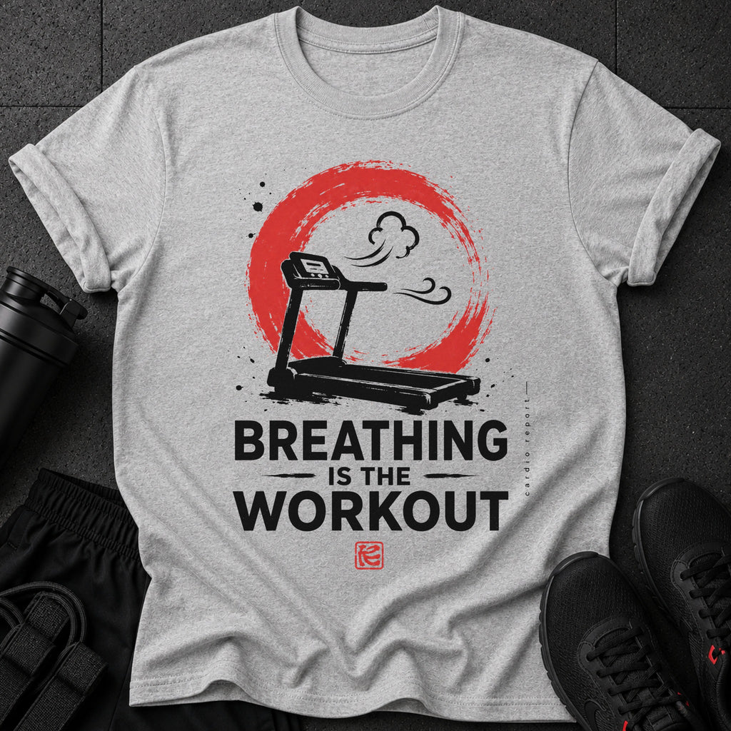 Gray t-shirt with treadmill graphic and "BREATHING IS THE WORKOUT" text.