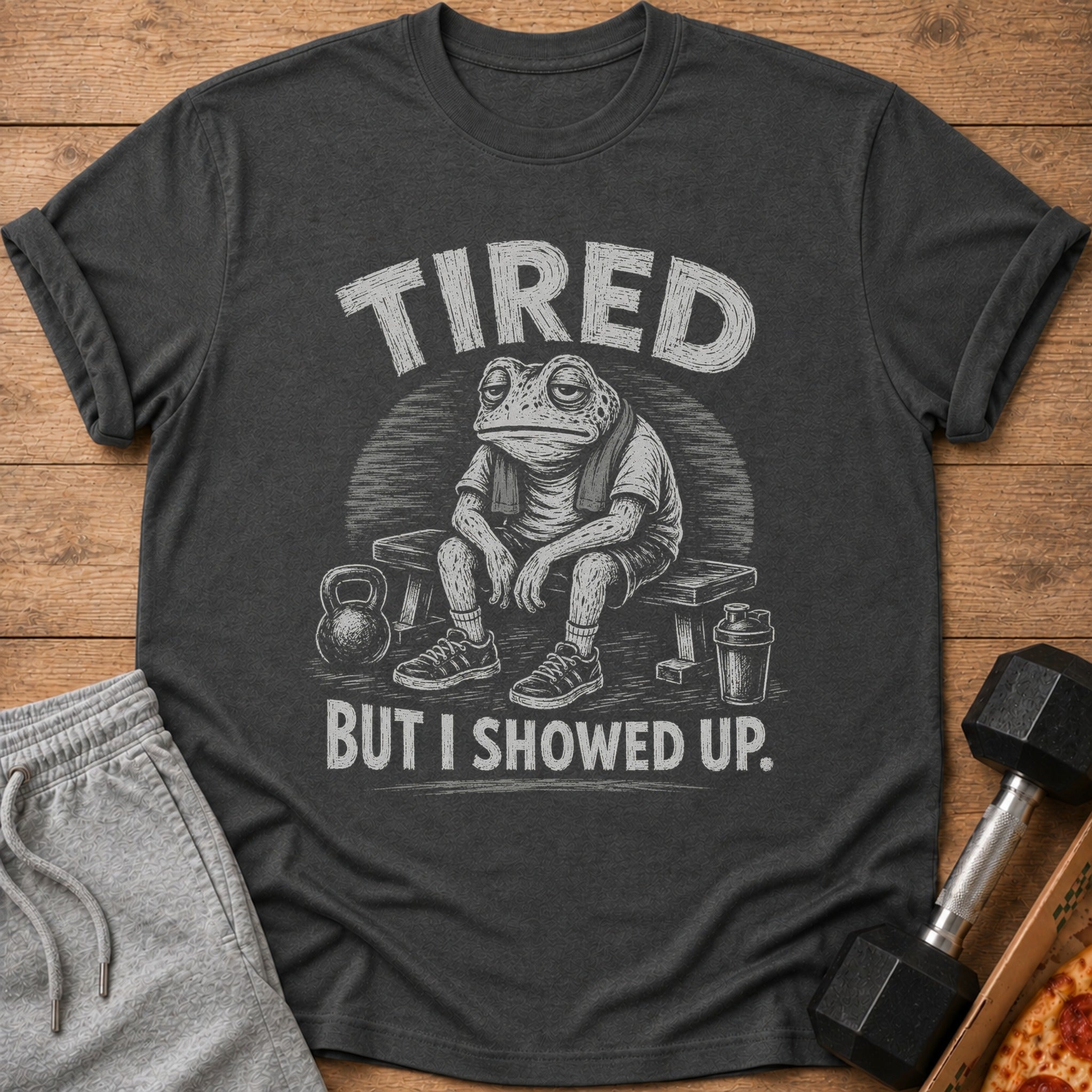 Dark t-shirt with distressed graphic of a tired frog on a bench with weights and text "TIRED BUT I SHOWED UP."