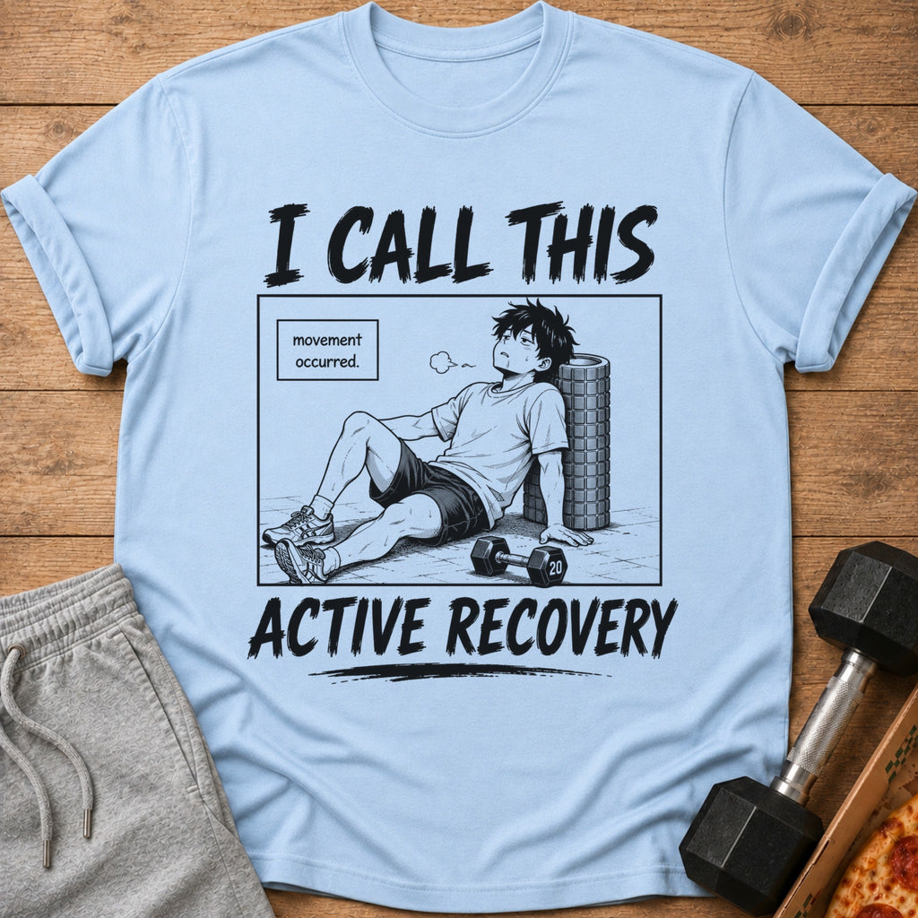 Light blue t-shirt with a manga-style graphic of a tired man and text.