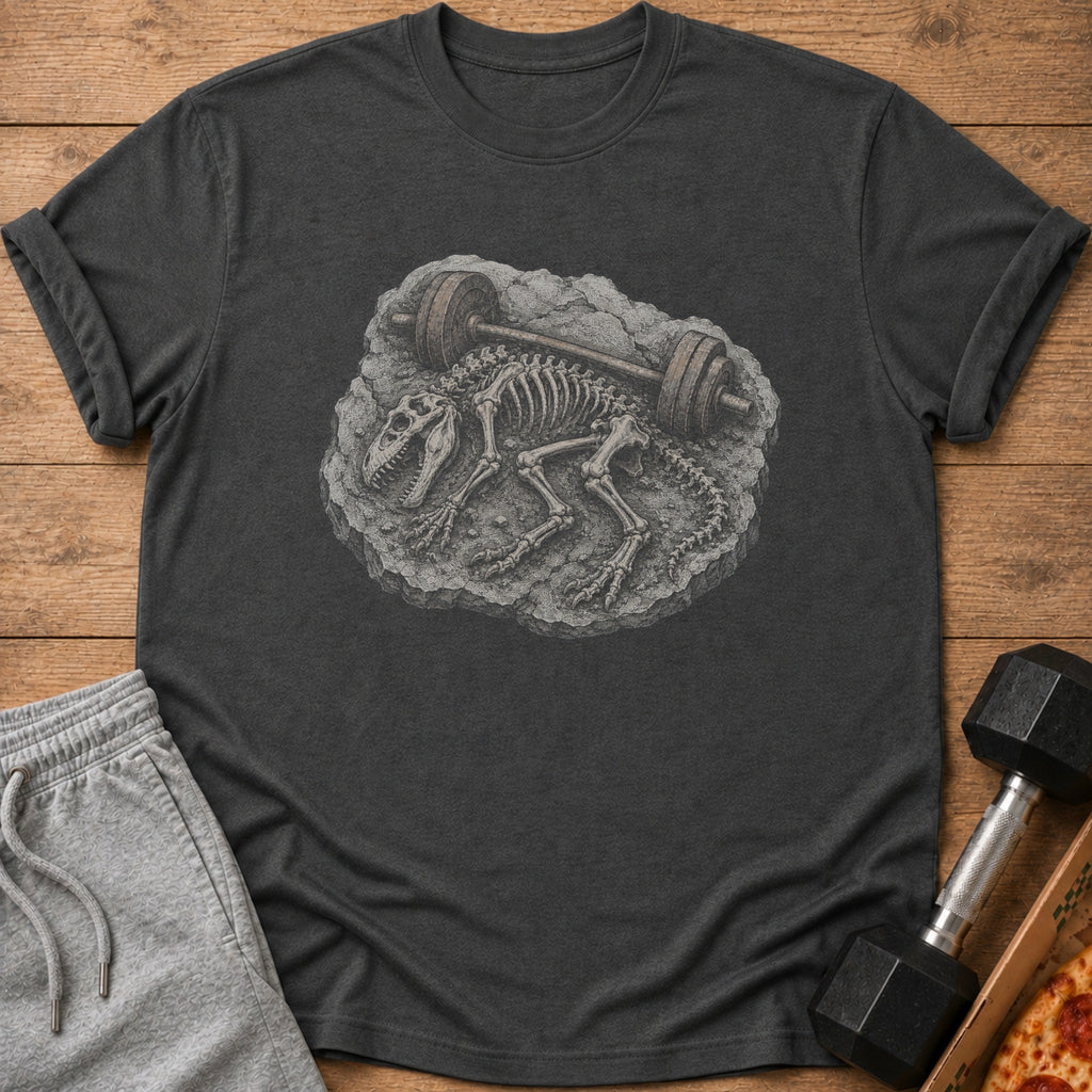 Dinosaur skeleton with barbell on a dark grey t-shirt.