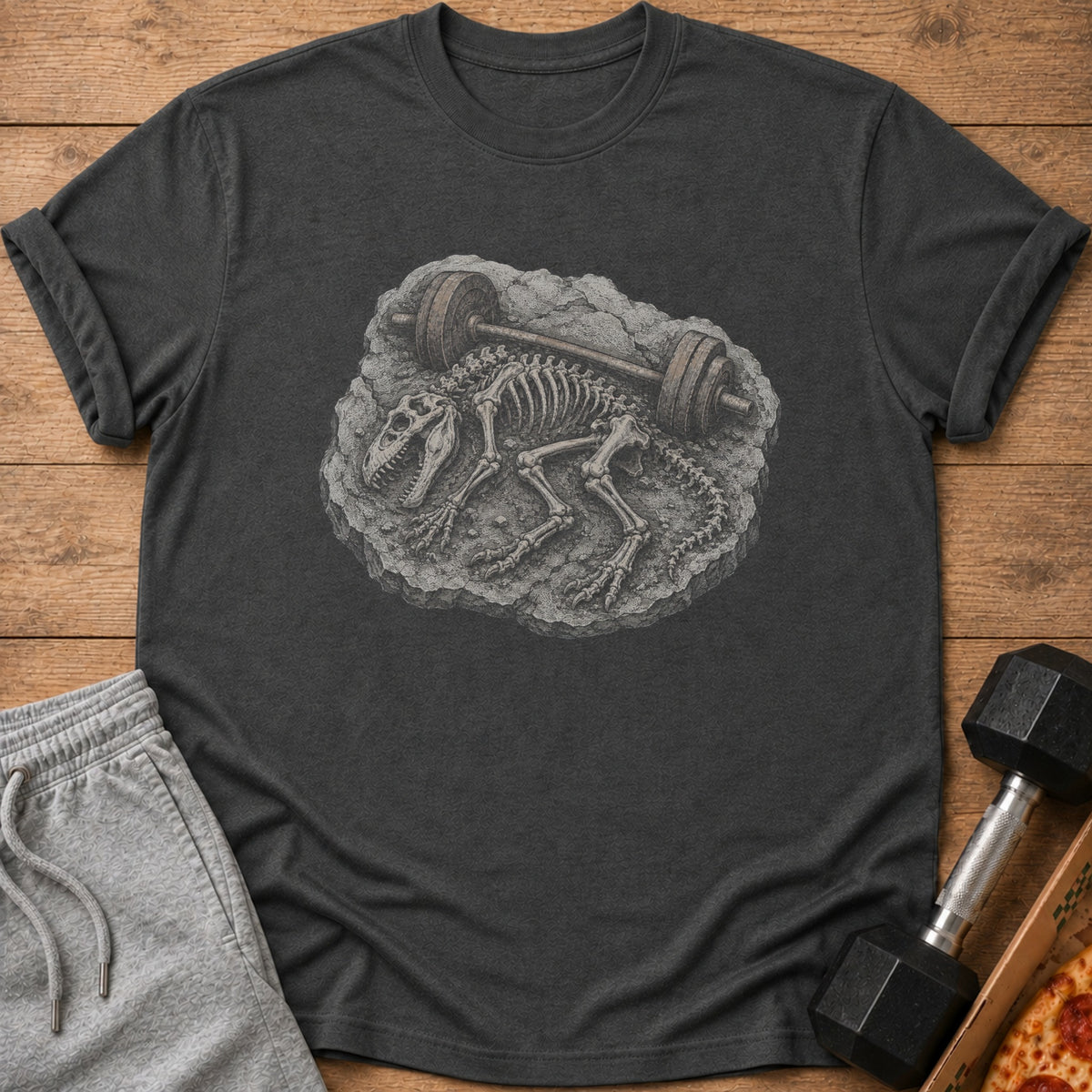 Dinosaur skeleton with barbell on a dark grey t-shirt.