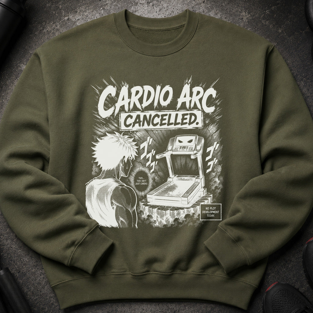 Green sweatshirt with anime-style graphic: "Cardio Arc Cancelled" and a character facing a treadmill.