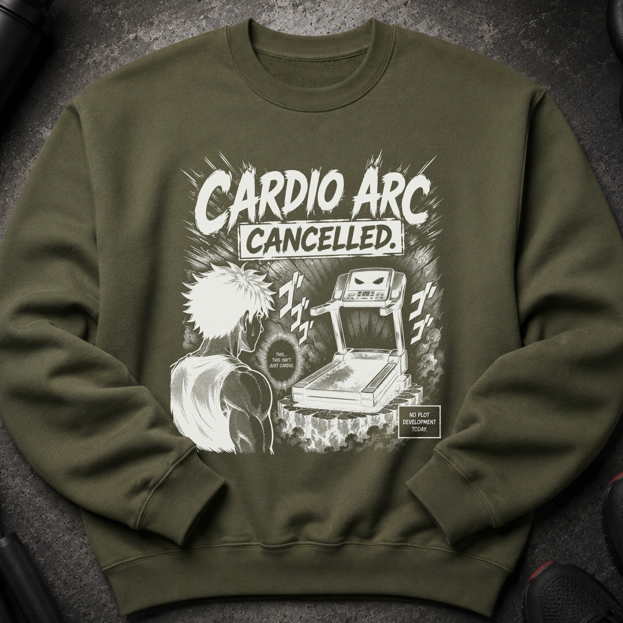 Green sweatshirt with anime-style graphic: "Cardio Arc Cancelled" and a character facing a treadmill.