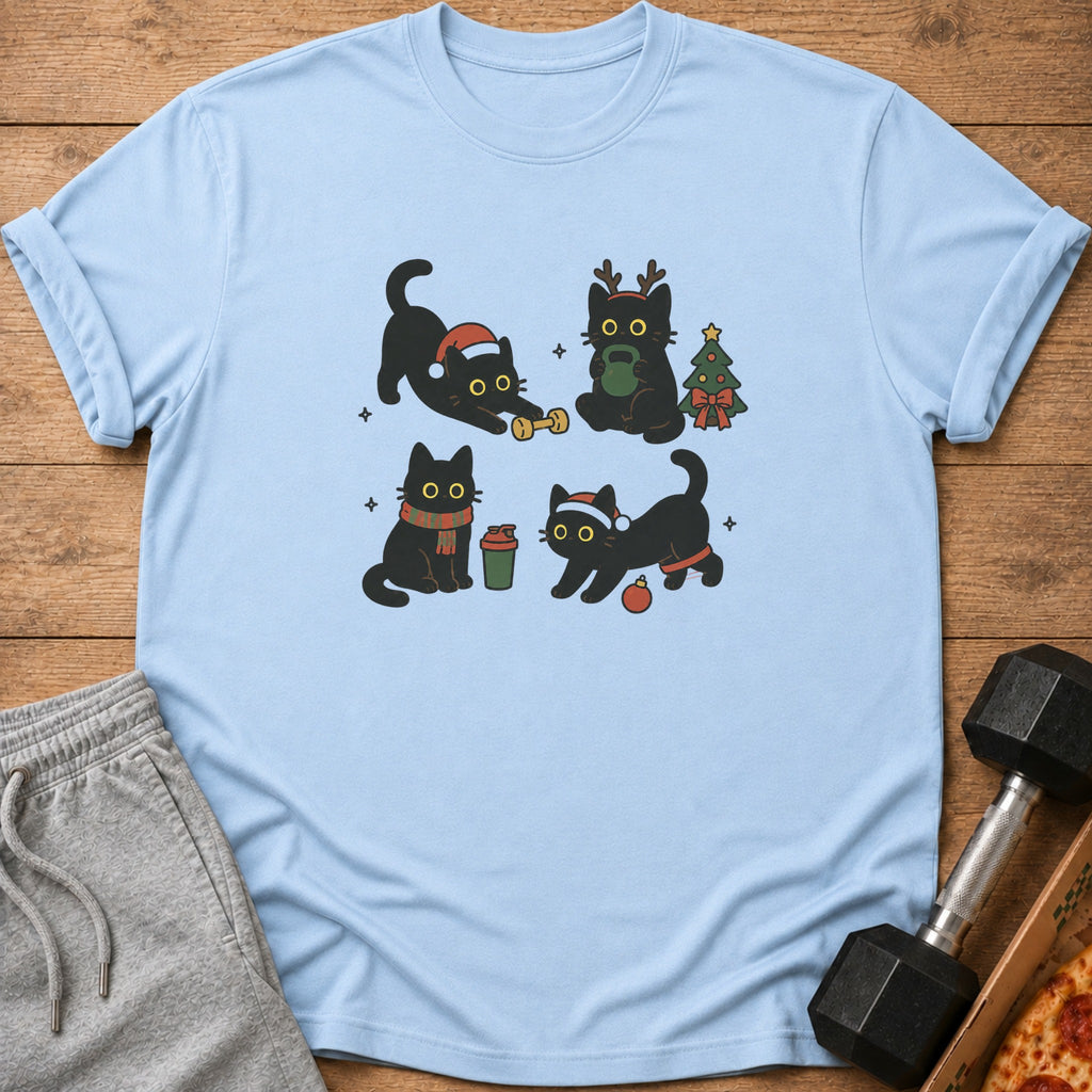 Light blue t-shirt with four black cats in festive workout and holiday scenes.