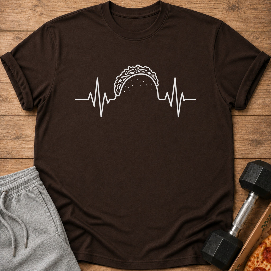 Brown t-shirt with white taco and heartbeat graphic.