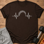 Brown t-shirt with white taco and heartbeat graphic.