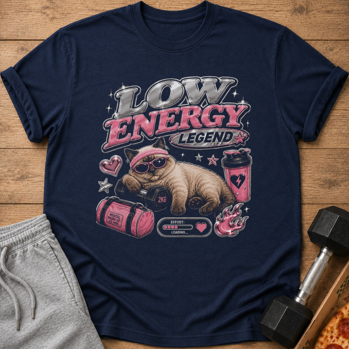 Navy t-shirt with "Low Energy Legend" text and a cat with sunglasses on a dumbbell.